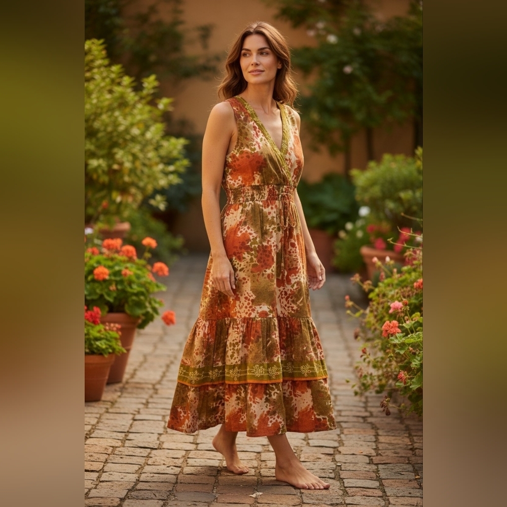Chaudry Sleeveless V-Neck Tiered Maxi Dress in Rust Green Floral Sz M NWT